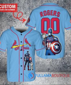 St. Louis Cardinals x Marvel Captain America Steve Rogers with Trophy Custom Baseball Jersey Light Blue