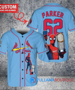 St. Louis Cardinals x Marvel Spiderman with Trophy Custom Baseball Jersey Light Blue