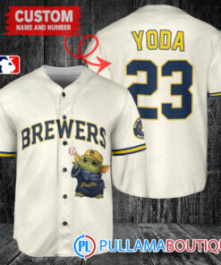 Star Wars Baby Yoda Milwaukee Brewers Custom Baseball Jersey Cream