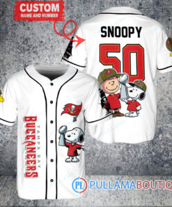 Tampa Bay Buccaneers x Snoopy and Charlie Brown with Trophy Custom Baseball Jersey White