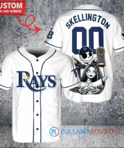 Tampa Bay Rays Jack Skellington Sally World Series Trophy Baseball Jersey White V2