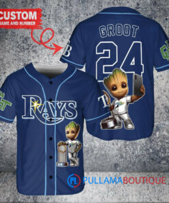 Tampa Bay Rays x Baby Groot Marvel Guardians Of The Galaxy with Trophy Custom Baseball Jersey Navy