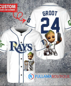 Tampa Bay Rays x Baby Groot Marvel Guardians Of The Galaxy with Trophy Custom Baseball Jersey White Alternate Replica