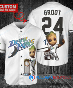 Tampa Bay Rays x Baby Groot Marvel Guardians Of The Galaxy with Trophy Custom Baseball Jersey White Home Replica