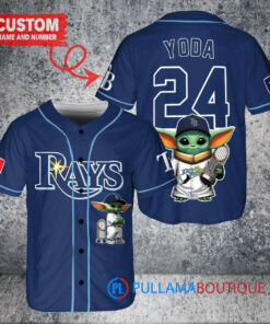 Tampa Bay Rays x Baby Yoda Star Wars The Mandalorian with Trophy Custom Baseball Jersey Navy