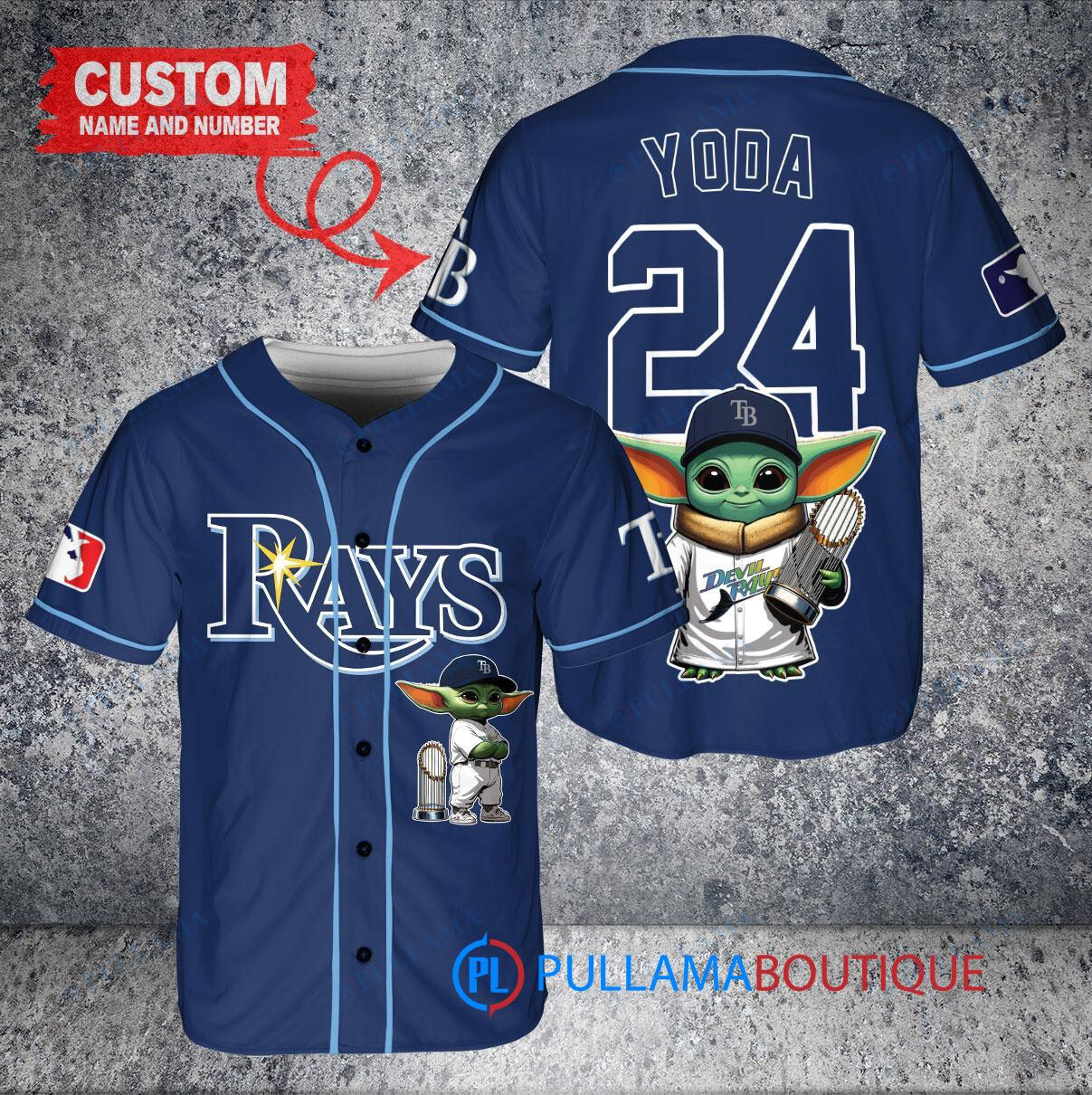 Los Angeles Dodgers x Baby Yoda Star Wars The Mandalorian with Trophy Custom Baseball Jersey Navy