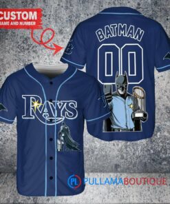 Tampa Bay Rays x DC Comics Batman The Dark Knight with Trophy Custom Baseball Jersey Navy