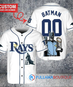 Tampa Bay Rays x DC Comics Batman The Dark Knight with Trophy Custom Baseball Jersey White Alternate Replica