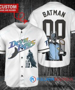 Tampa Bay Rays x DC Comics Batman The Dark Knight with Trophy Custom Baseball Jersey White Home Replica