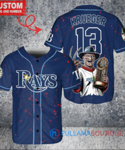 Tampa Bay Rays x Freddy Krueger A Nightmare on Elm Street Halloween with World Series Trophy Custom Baseball Jersey Navy