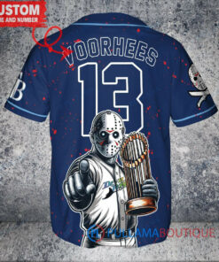 Tampa Bay Rays x Friday the 13th Jason Voorhees Halloween with World Series Trophy Custom Baseball Jersey Navy