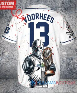 Tampa Bay Rays x Friday the 13th Jason Voorhees Halloween with World Series Trophy Custom Baseball Jersey White Alternate Replica