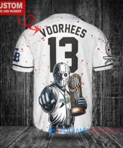 Tampa Bay Rays x Friday the 13th Jason Voorhees Halloween with World Series Trophy Custom Baseball Jersey White Home Replica