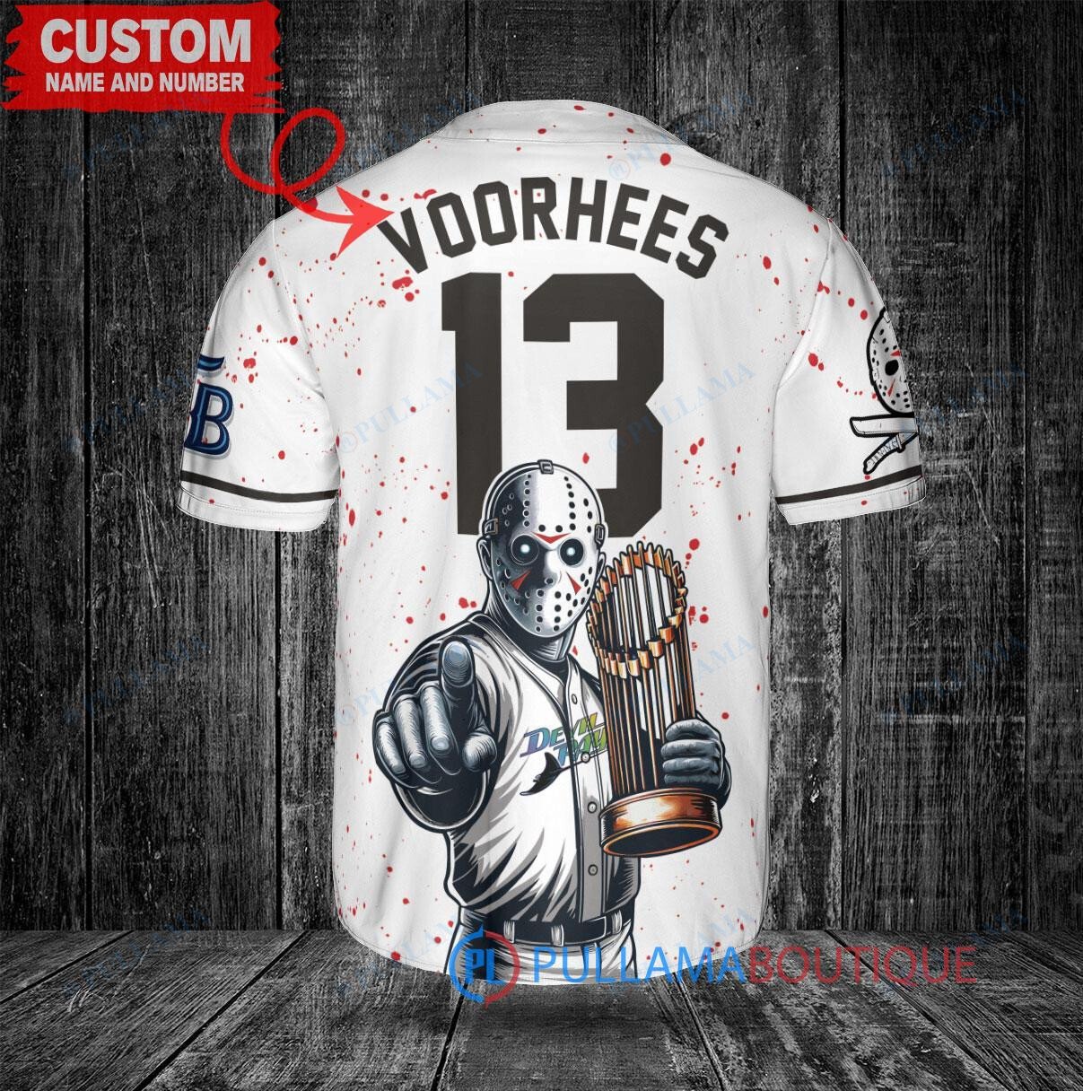 Chicago Cubs x Friday the 13th Jason Voorhees Halloween with World Series Trophy Custom Baseball Jersey Royal