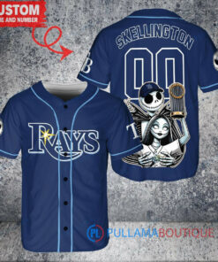 Tampa Bay Rays x Jack Skellington and Sally The Nightmare Before Christmas with World Series Trophy Custom Baseball Jersey Navy