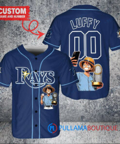 Tampa Bay Rays x Luffy One Piece with Trophy Custom Baseball Jersey Navy