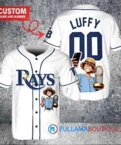 Tampa Bay Rays x Luffy One Piece with Trophy Custom Baseball Jersey White Alternate Replica