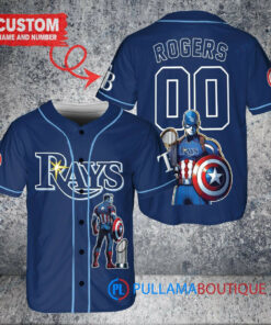 Tampa Bay Rays x Marvel Captain America Steve Rogers with Trophy Custom Baseball Jersey Navy