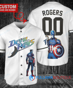 Tampa Bay Rays x Marvel Captain America Steve Rogers with Trophy Custom Baseball Jersey White Home Replica