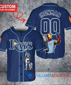 Tampa Bay Rays x Marvel Iron Man Tony Stark with Trophy Custom Baseball Jersey Navy