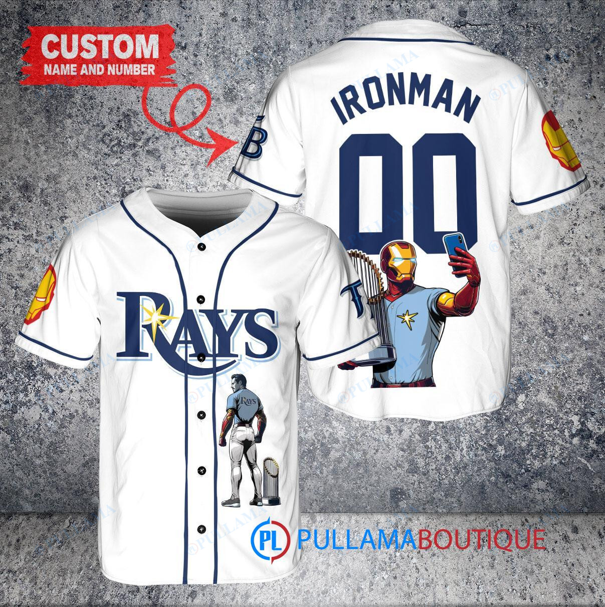 Atlanta Braves x Marvel Iron Man Tony Stark with Trophy Custom Baseball Jersey Gray