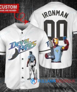 Tampa Bay Rays x Marvel Iron Man Tony Stark with Trophy Custom Baseball Jersey White Home Replica