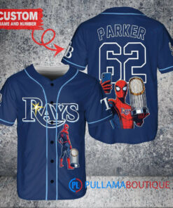 Tampa Bay Rays x Marvel Spiderman with Trophy Custom Baseball Jersey Navy