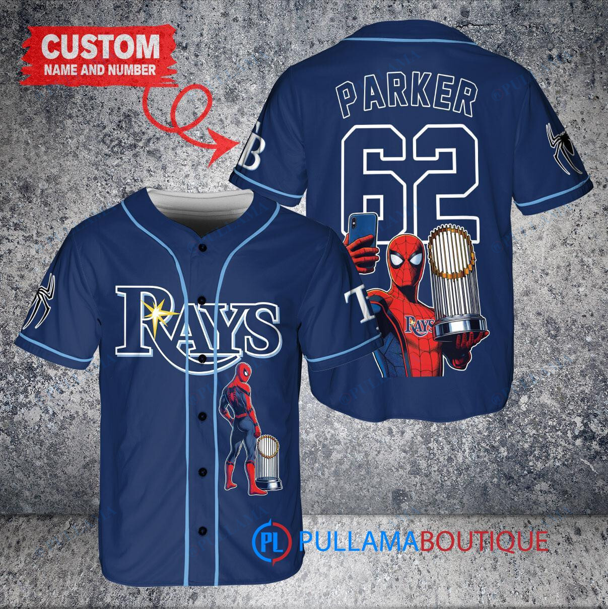 Kansas City Royals x Marvel Spiderman with Trophy Custom Baseball Jersey Navy