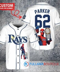 Tampa Bay Rays x Marvel Spiderman with Trophy Custom Baseball Jersey White Alternate Replica