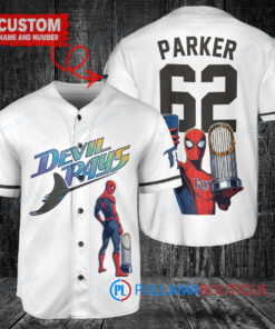 Tampa Bay Rays x Marvel Spiderman with Trophy Custom Baseball Jersey White Home Replica