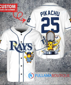 Tampa Bay Rays x Pikachu Pokemon with Trophy Custom Baseball Jersey White Alternate Replica