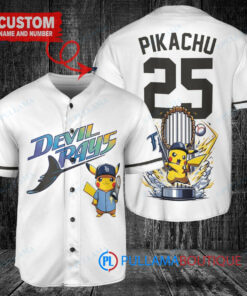 Tampa Bay Rays x Pikachu Pokemon with Trophy Custom Baseball Jersey White Home Replica