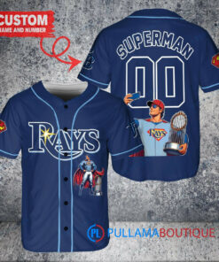 Tampa Bay Rays x Superman DC Comics with Trophy Custom Baseball Jersey Navy