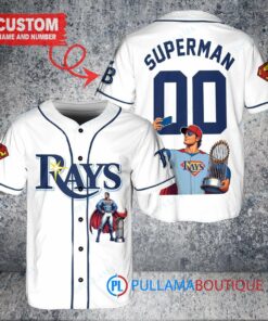 Tampa Bay Rays x Superman DC Comics with Trophy Custom Baseball Jersey White Alternate Replica