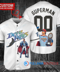 Tampa Bay Rays x Superman DC Comics with Trophy Custom Baseball Jersey White Home Replica