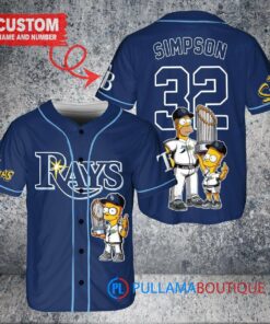 Tampa Bay Rays x The Simpsons Bart Simpson, Homer Simpson, Lisa Simpson with Trophy Custom Baseball Jersey Navy