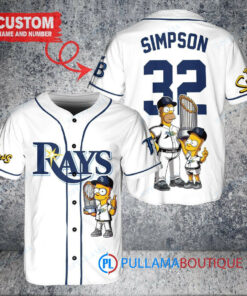 Tampa Bay Rays x The Simpsons Bart Simpson, Homer Simpson, Lisa Simpson with Trophy Custom Baseball Jersey White Alternate Replica