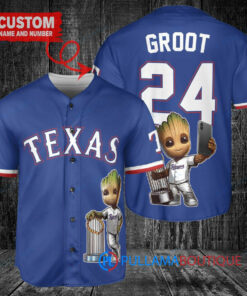 Texas Rangers x Baby Groot Marvel Guardians Of The Galaxy with Trophy Custom Baseball Jersey Royal