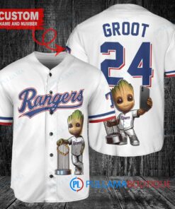 Texas Rangers x Baby Groot Marvel Guardians Of The Galaxy with Trophy Custom Baseball Jersey White