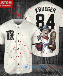 Texas Rangers x Freddy Krueger A Nightmare on Elm Street Halloween with World Series Trophy Custom Baseball Jersey Cream