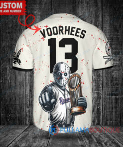 Texas Rangers x Friday the 13th Jason Voorhees Halloween with World Series Trophy Custom Baseball Jersey Cream