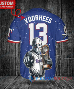 Texas Rangers x Friday the 13th Jason Voorhees Halloween with World Series Trophy Custom Baseball Jersey Royal