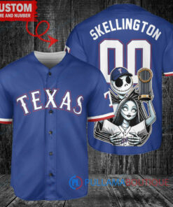 Texas Rangers x Jack Skellington and Sally The Nightmare Before Christmas with World Series Trophy Custom Baseball Jersey Royal