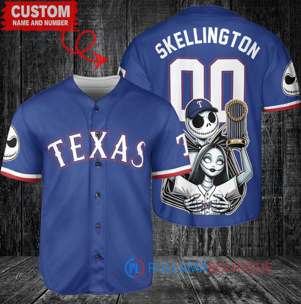 Texas Rangers Jack Skellington Sally World Series Trophy Baseball Jersey White