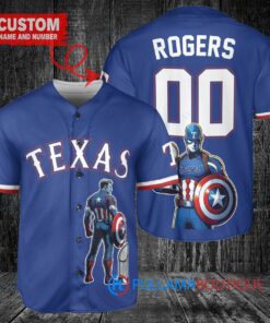 Texas Rangers x Marvel Captain America Steve Rogers with Trophy Custom Baseball Jersey Royal