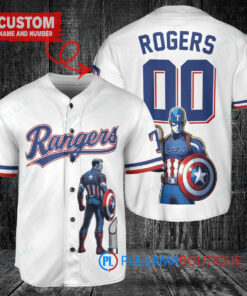 Texas Rangers x Marvel Captain America Steve Rogers with Trophy Custom Baseball Jersey White