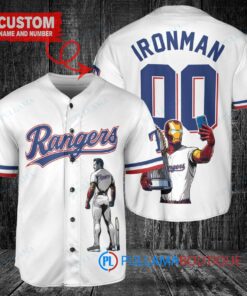 Texas Rangers x Marvel Iron Man Tony Stark with Trophy Custom Baseball Jersey White