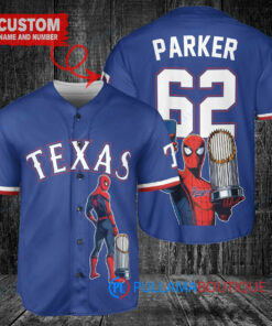 Texas Rangers x Marvel Spiderman with Trophy Custom Baseball Jersey Royal