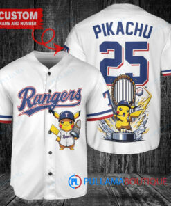 Texas Rangers x Pikachu Pokemon with Trophy Custom Baseball Jersey White