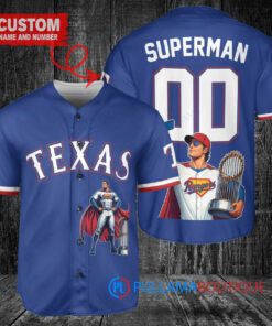 Texas Rangers x Superman DC Comics with Trophy Custom Baseball Jersey Royal